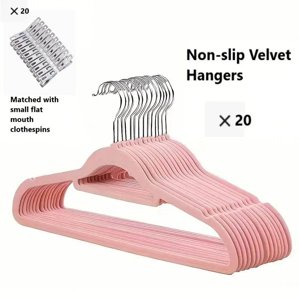 20/40pcs Clothes Hangers Set, Hanger Pack, Non-Slip Velvet Hangers + Stainless Steel Flat Clips, Ideal for Bedroom, Bathroom, Office, Dorm, Home Storage