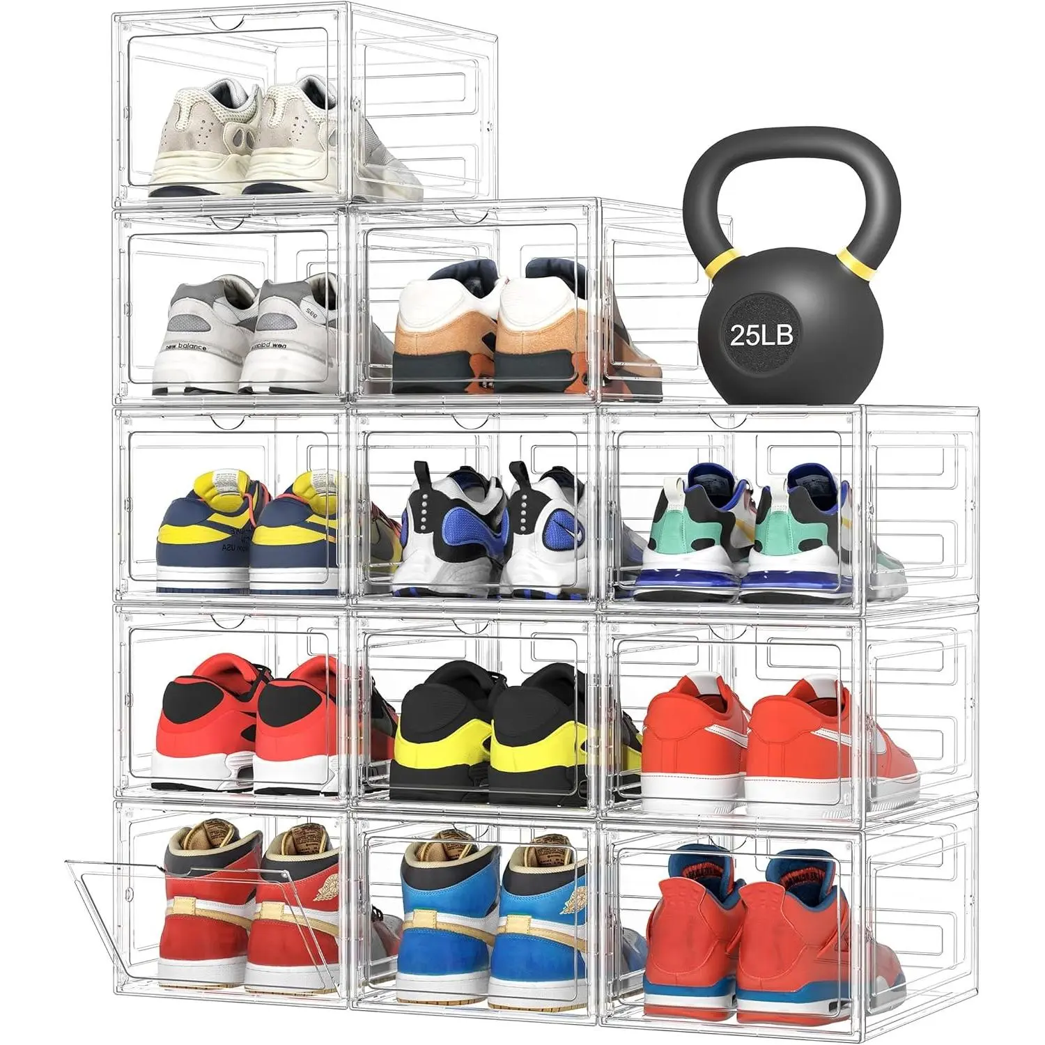 Upgraded Waterproof Hard Shoe Storage Boxes (12-Pack X-Large), Thick Sturdy Stackable Plastic Closet Organizers, Magnetic Door Sneaker Display Cases for Size 12 Shoes, Water Proof