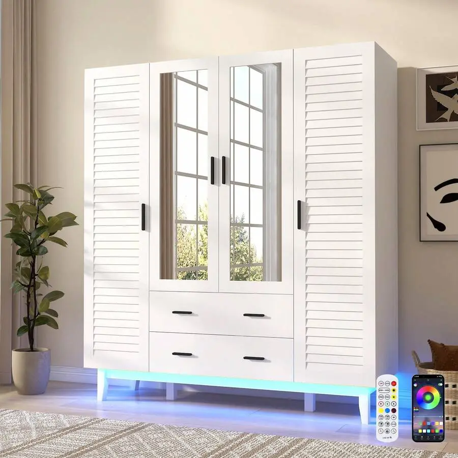 2/3/4 Doors Armoire Wardrobe Closet Cabinet With Drawers And USB Powered LED Lights, Multi-Tier Shelves, Hanging Rod & 2 Louver Doors, Large Capacity Storage Wardrobe Armoire For Bedroom