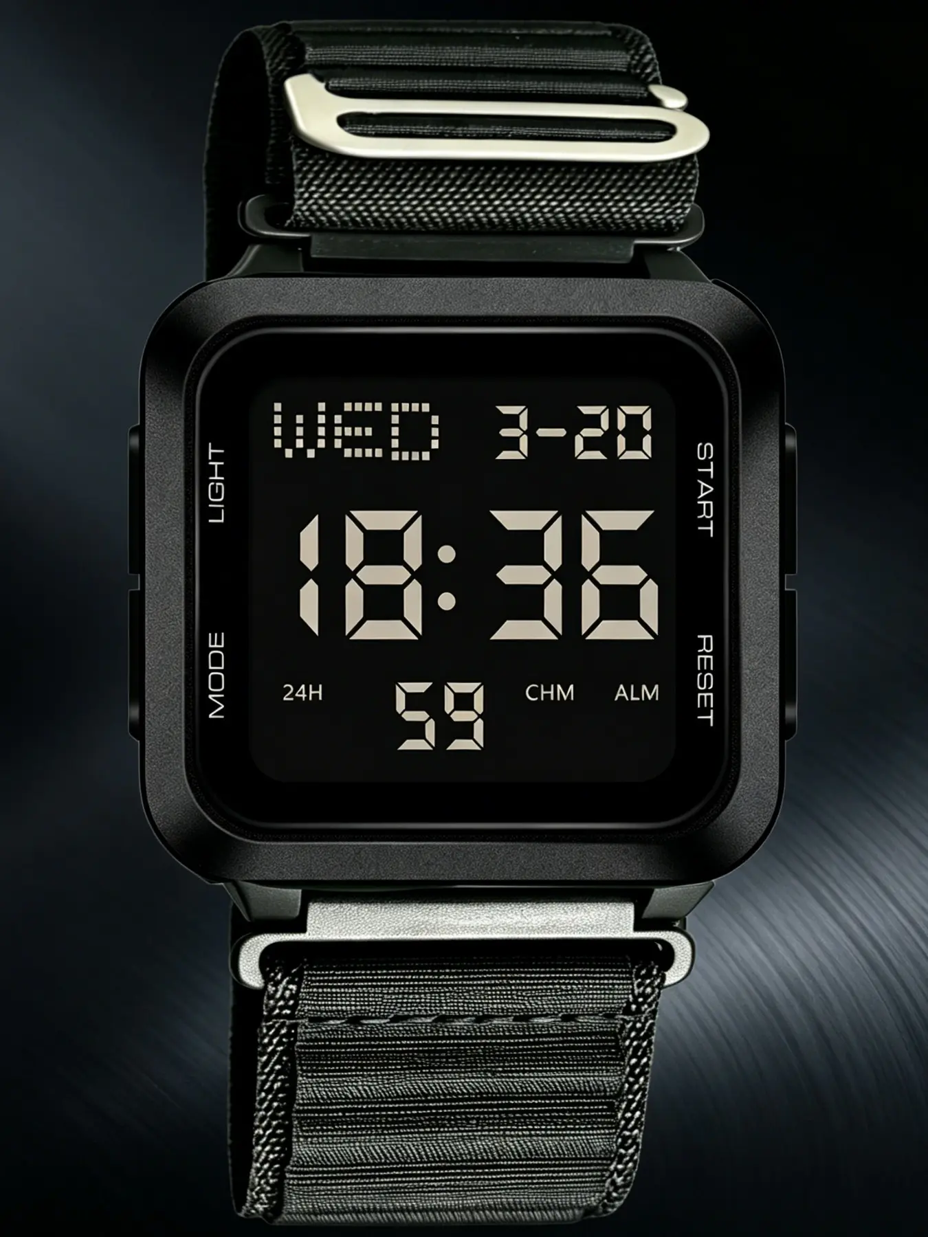 Square Digital Sports Watch for Men, Nylon Strap, Multi-Function Alarm Stopwatch, Waterproof Outdoor Teen Daily Wristwatch Gift