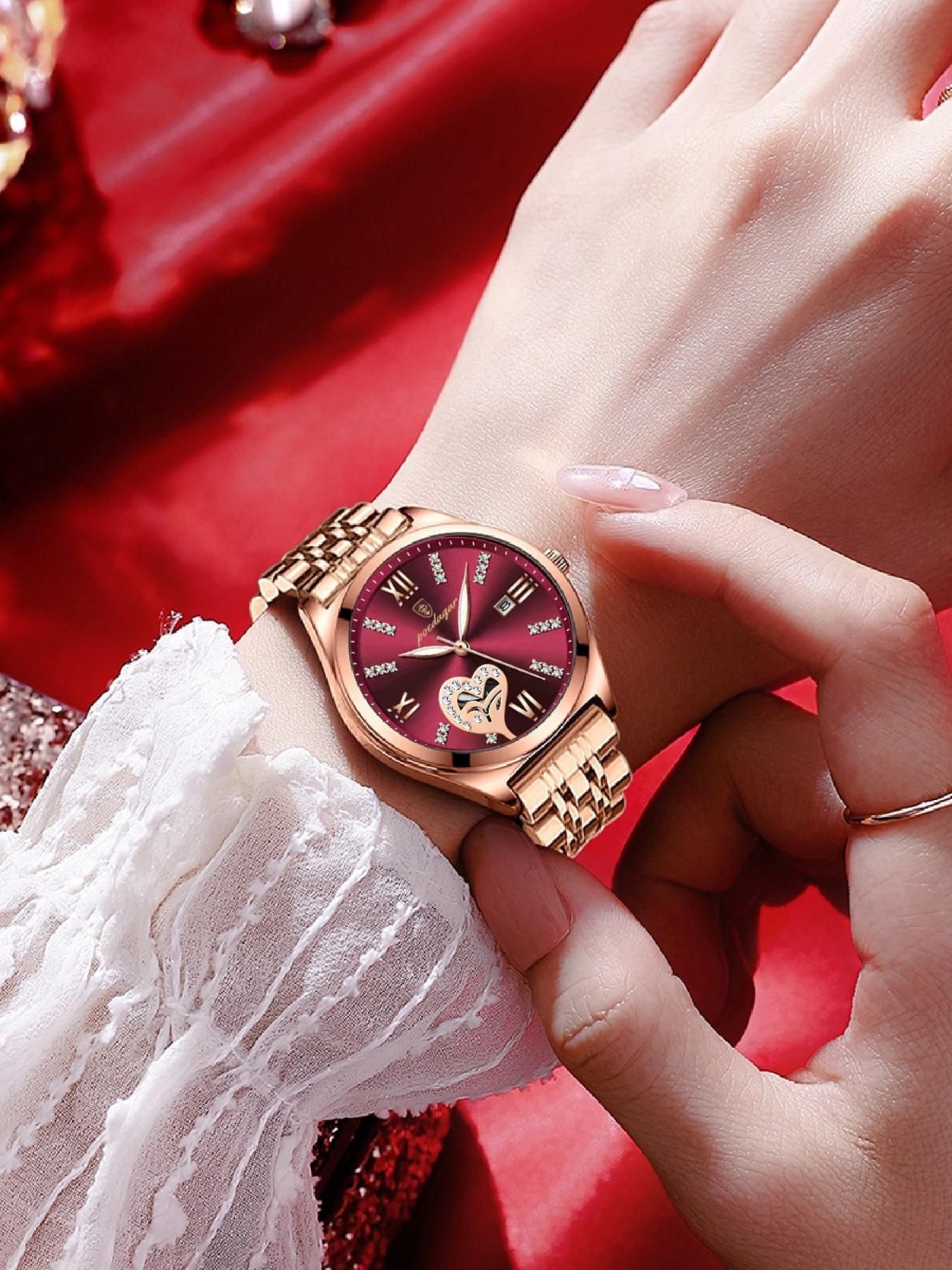 Women's Rhinestone Decorated Heart Design Quartz Watch, Fashionable Waterproof Luminous Analog Watch for Women & Girls, Trendy All-match Watch for Birthday Gift without Box, Casual Trendy Wristwatch, Fashionable Stylish Watch