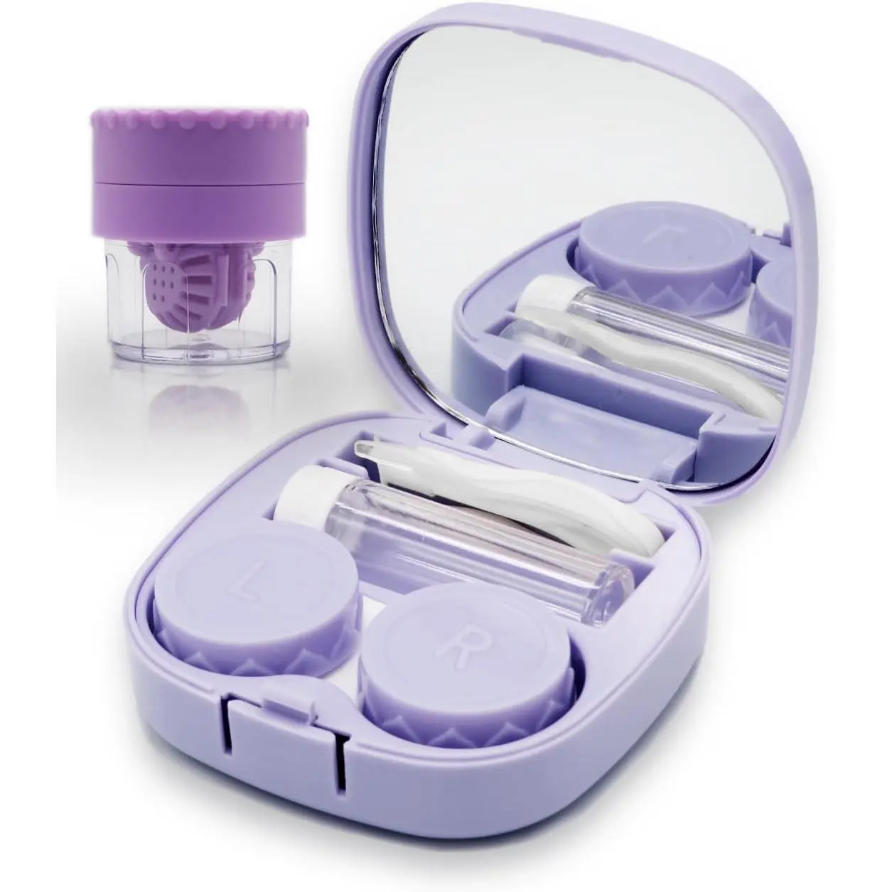 Purple Travel-Size Contact Lens Care Kit - Cleaner Washer, Cute Colored Applicator, Removal Tool, Mirror, Solution Bottle for Daily Care & Outdoor Use