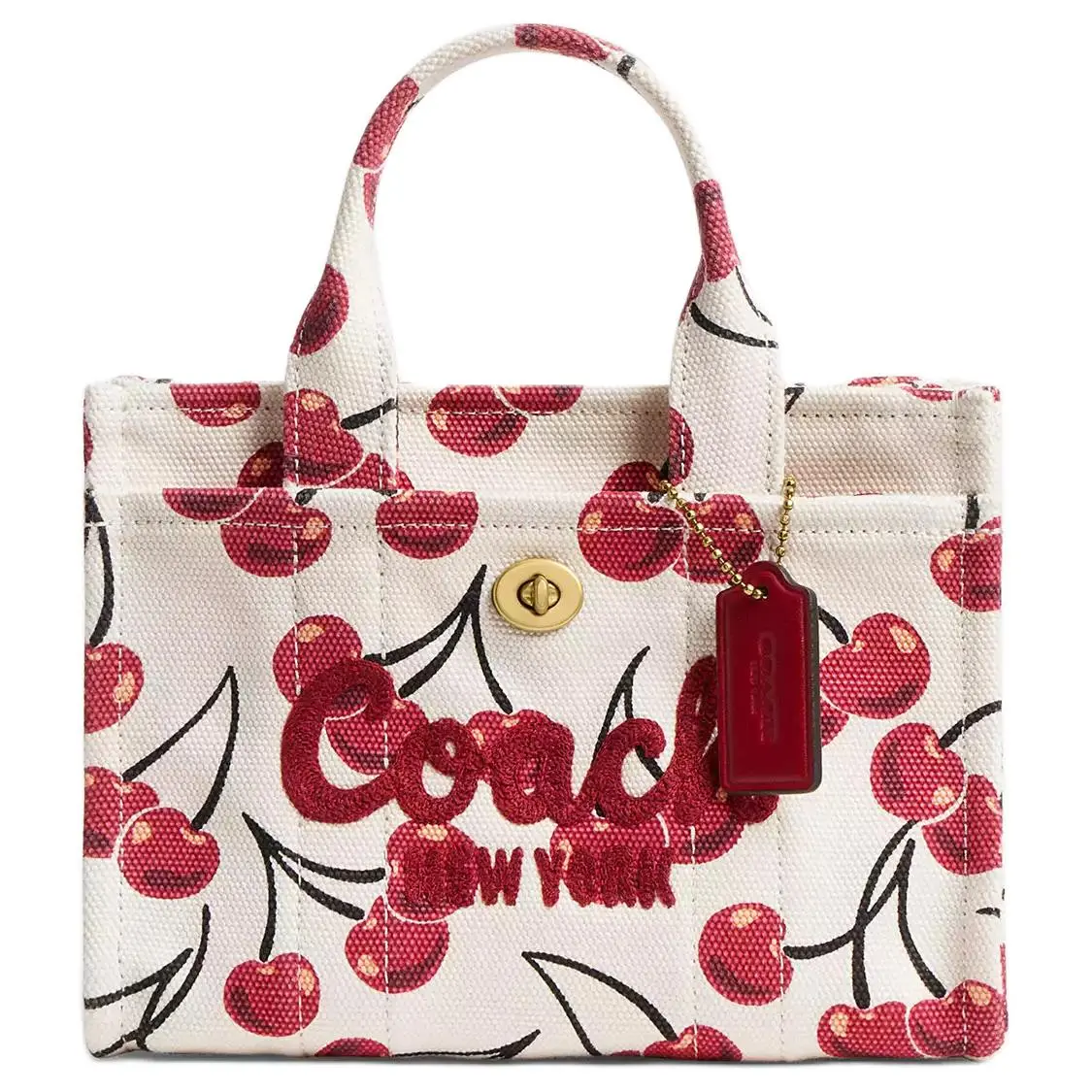 COACH Cargo 20 Metallic Logo Cherry Print Canvas Crossbody Handbag for Women – White and Red