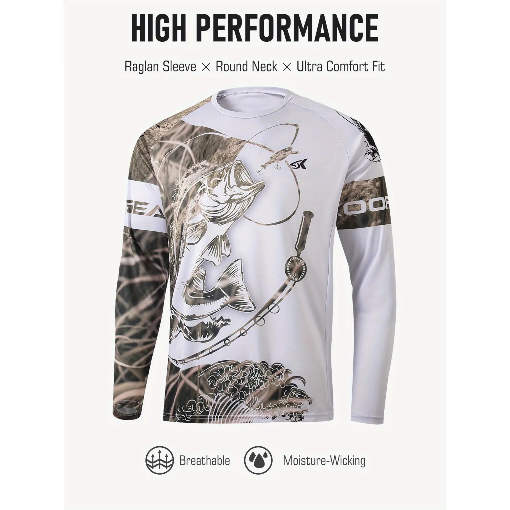 Men’s Funny Fish Rod Print Long-Sleeved Fishing Shirt, Soft Breathable Flexible Raglan Sleeves, Machine Washable Top for Spring Summer Fall Lakeside Fishing Trips