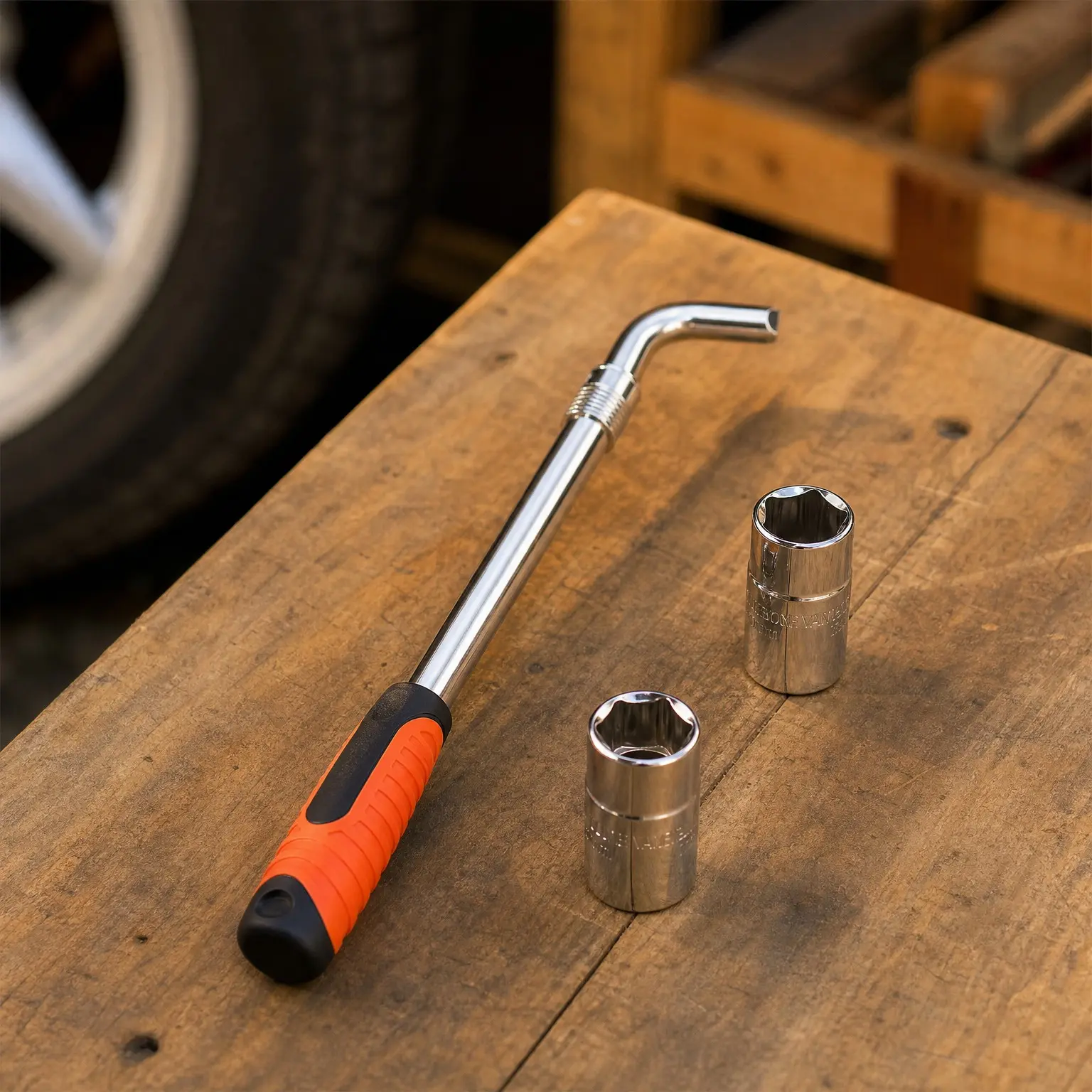 Extendable 4-in-1 Lug Wrench with Flip Sockets, 6-Position Adjustable 15.2" to 20.7", Includes 17/19mm & 21/22mm CR-V Sockets for Most Cars & SUVs