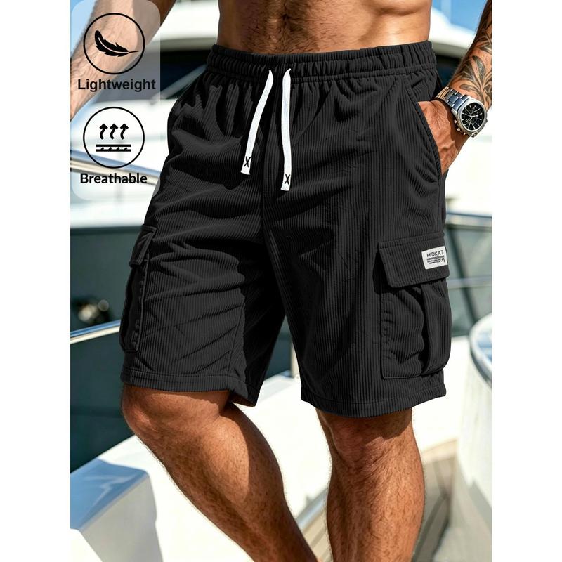 Men's Workwear Shorts, Summer Fashionable Casual Five Quarter Pants, Corduroy Stripes, Elastic Waist Pants, Suitable for Outdoor Commuting, Shopping, and Vacation Wear, Men's Sports Shorts