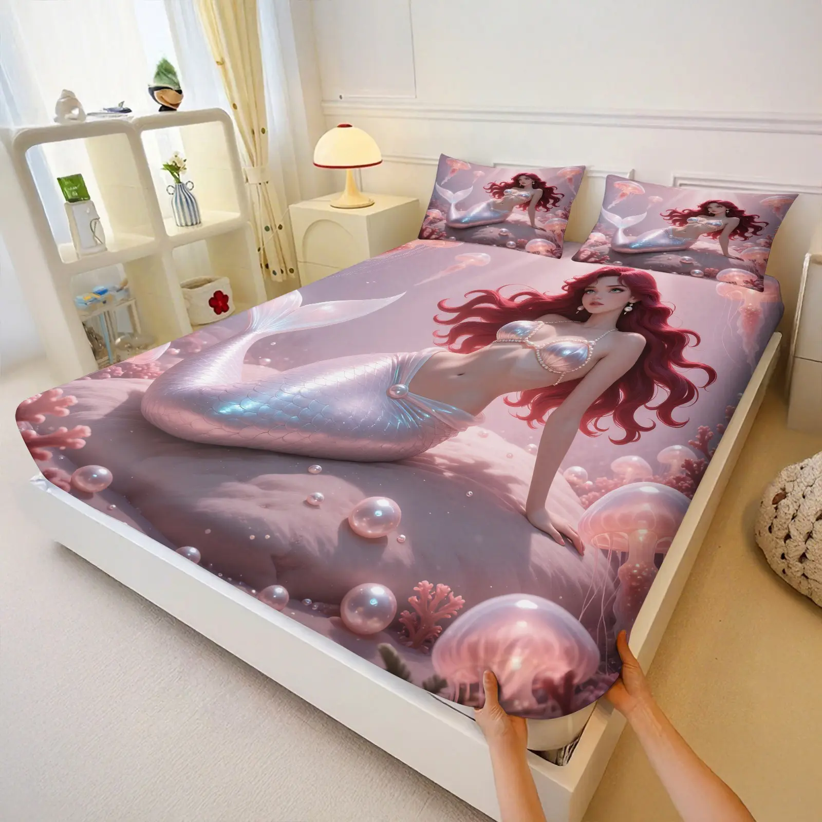 3PcsOcean Fairy Tale Mermaid Trend Art Print Fitted Sheet Set, Machine Washable Skin-Friendly Fabric, Mattress Protection Design, Suitable for Bedroom Dorm Home Decor, All Season Bedding (Pillows Not Included)