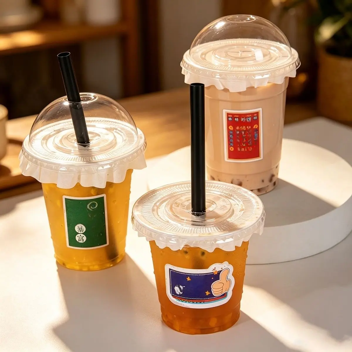 50 Sets Disposable Cups 98mm Diameter, Pet Cold Drink Cups, Ice Cups for Home & Commercial Use, Trendy Beverage Cups for Street Vendors
