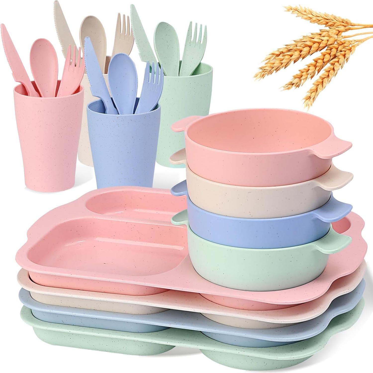 Wheat Straw Cutlery Set, 24pcs/set Including Plate*4 & Bowl*4 & Cup*4 & Cutlery*4 Sets, Reusable Wheat Straw Tableware Set, Dinnerware Service Set for Home School Restaurant