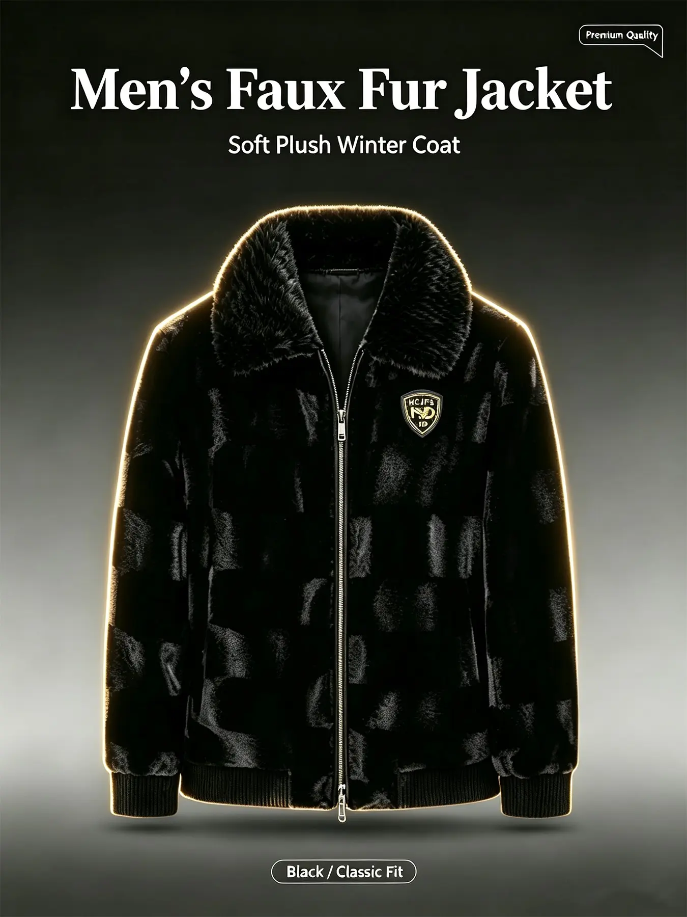 Men's Zipper Faux Fur Coat, Luxury Plush Winter Warm Stand Collar Badge Thick Jacket, Stylish and Cozy Outerwear for Cold Weather