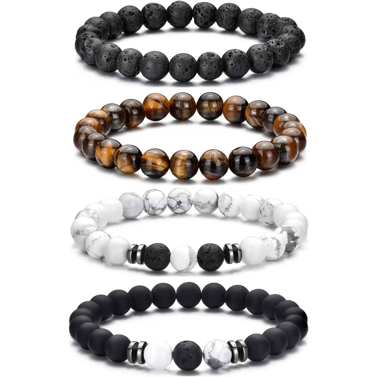 Tiger Eye Bracelet For Men 8MM Natural Stone Beads Bracelet Set Stretch Lava Rock Bracelets Adjustable Black Crystal Beaded Bracelet for Men Women Gifts