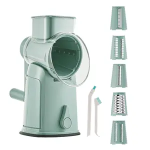 5-in-1 Rotary Cheese Grater & Vegetable Chopper with Suction Base, 10 Stainless Blades & Safety Handle - for Cheese, Vegetables, Fruits & Shredding Chicken
