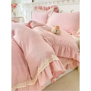 Ruffle Comforter Set  Size 3 count - Blush  Boho  Bedding with Lace Trim & Pintuck Details (104"x90")