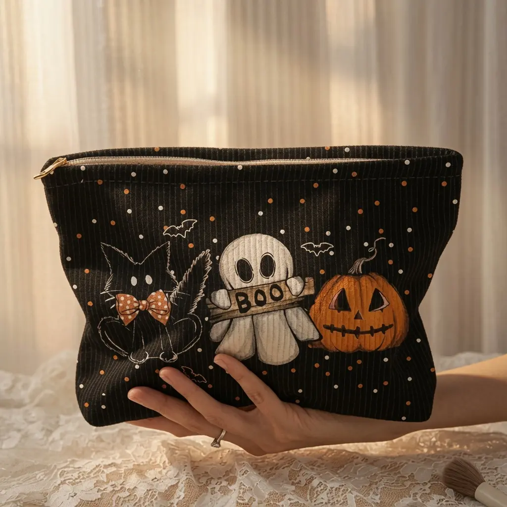 2026 New Halloween Ghost Pumpkin Print Travel Makeup Bag for Women with Spooky Cute Design Waterproof Lightweight Portable Cosmetic Storage Pouch Multi-Functional Beauty Organizer for Daily Use Vacation Holiday Gift US Design homedecor