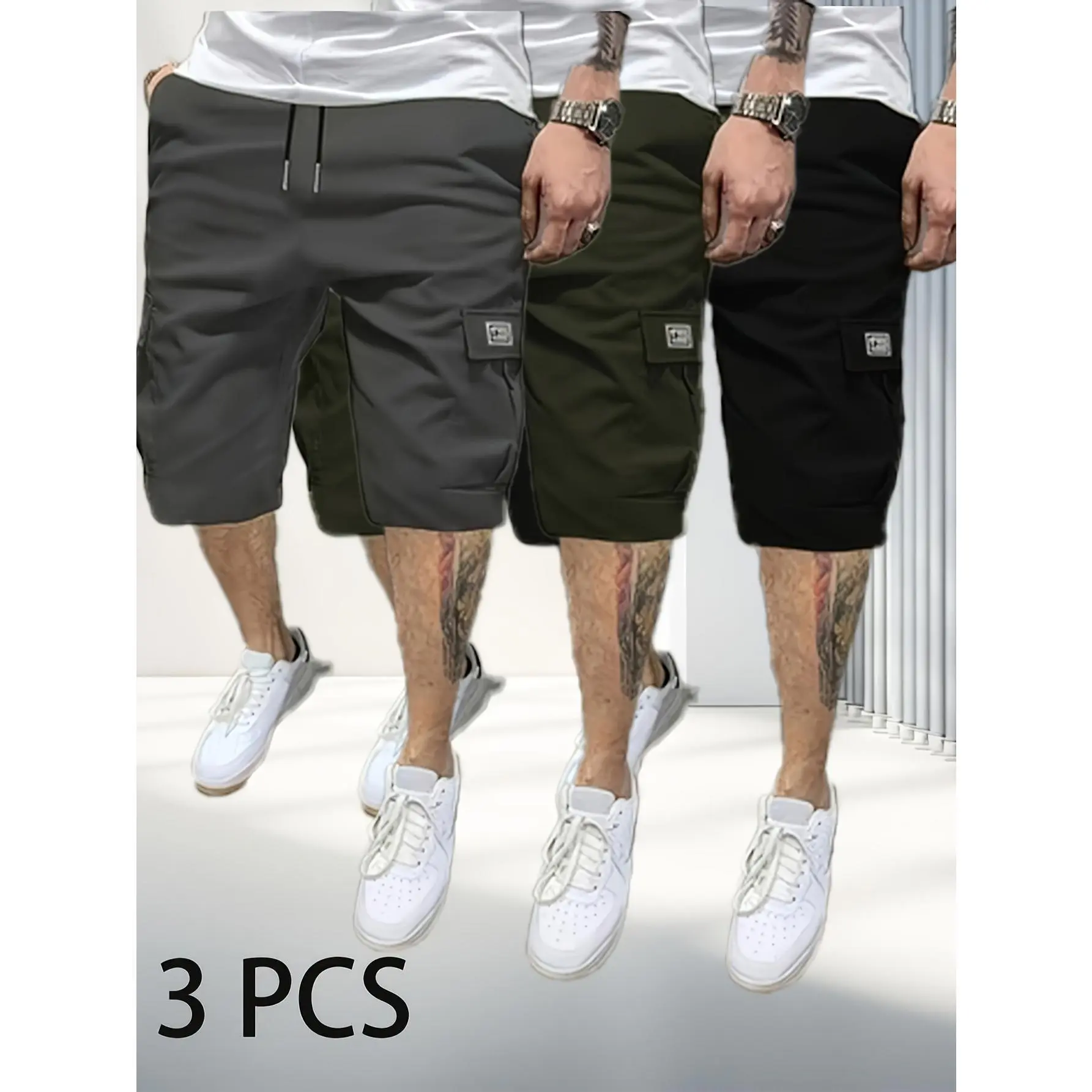 Men's 3-piece multi pocket workwear captcha pants Three piece drawstring high elasticity casual sports pants set Multi colored loose outdoor functional workwear shorts