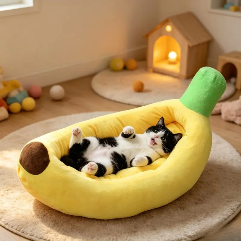 Cartoon Banana Boat Pet Bed, Washable Cat Dog Bed, Warm Puppy House, Universal Pet Furniture, Cozy Animal Sleeping Area