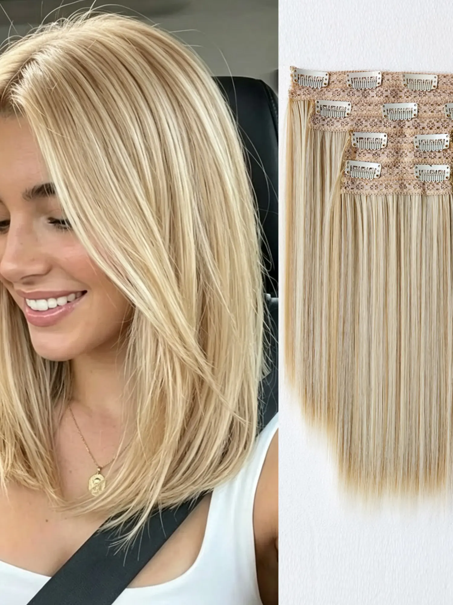 14-Inch Short Straight Clip-In Hair Extensions, Natural Soft Premium Synthetic Hair Pieces, Gold Highlight, 4-Piece Set for Women, Artificial Hair Extension