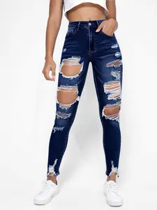 Women's High Waist Deep Indigo Tight Fit Jeans, Large Ripped Vintage Cuffed Denim Jeans, Stylish Long Jean for Everyday Wear