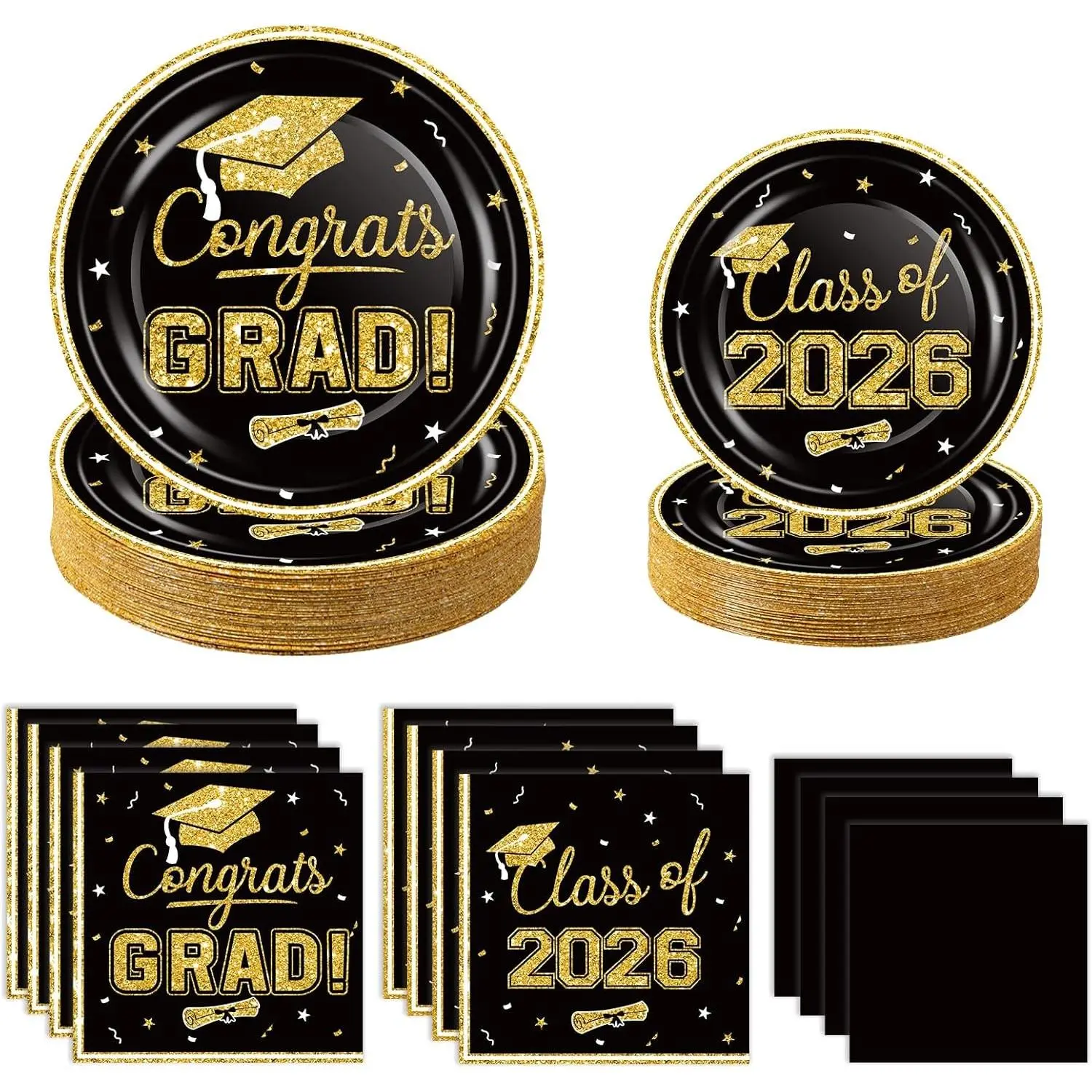 2026 Graduation Party Supplies Tableware Set - 200 Pcs Black Gold Graduation Plates and Napkins Class of 2026 Disposable Dinnerware for College High School Congrats Graduation Party favors, Serve 50