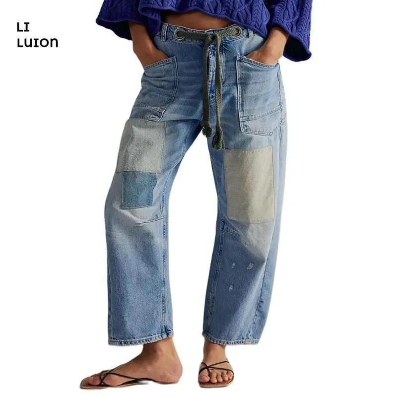 Baggy Barrel Jeans Women Drawstring Low Rise Wide Leg Boyfriend Patchwork Jeans Casual Cropped Denim Pants For Fall Winter Womenswear