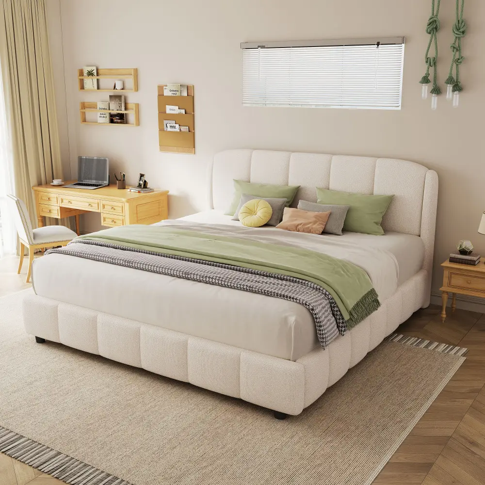 Queen-Size Fabric-Upholstered Platform Bed - Modern Circular Design with Curved Headboard, Versatile Beige, Easy Setup, Ideal for Master Bedroom