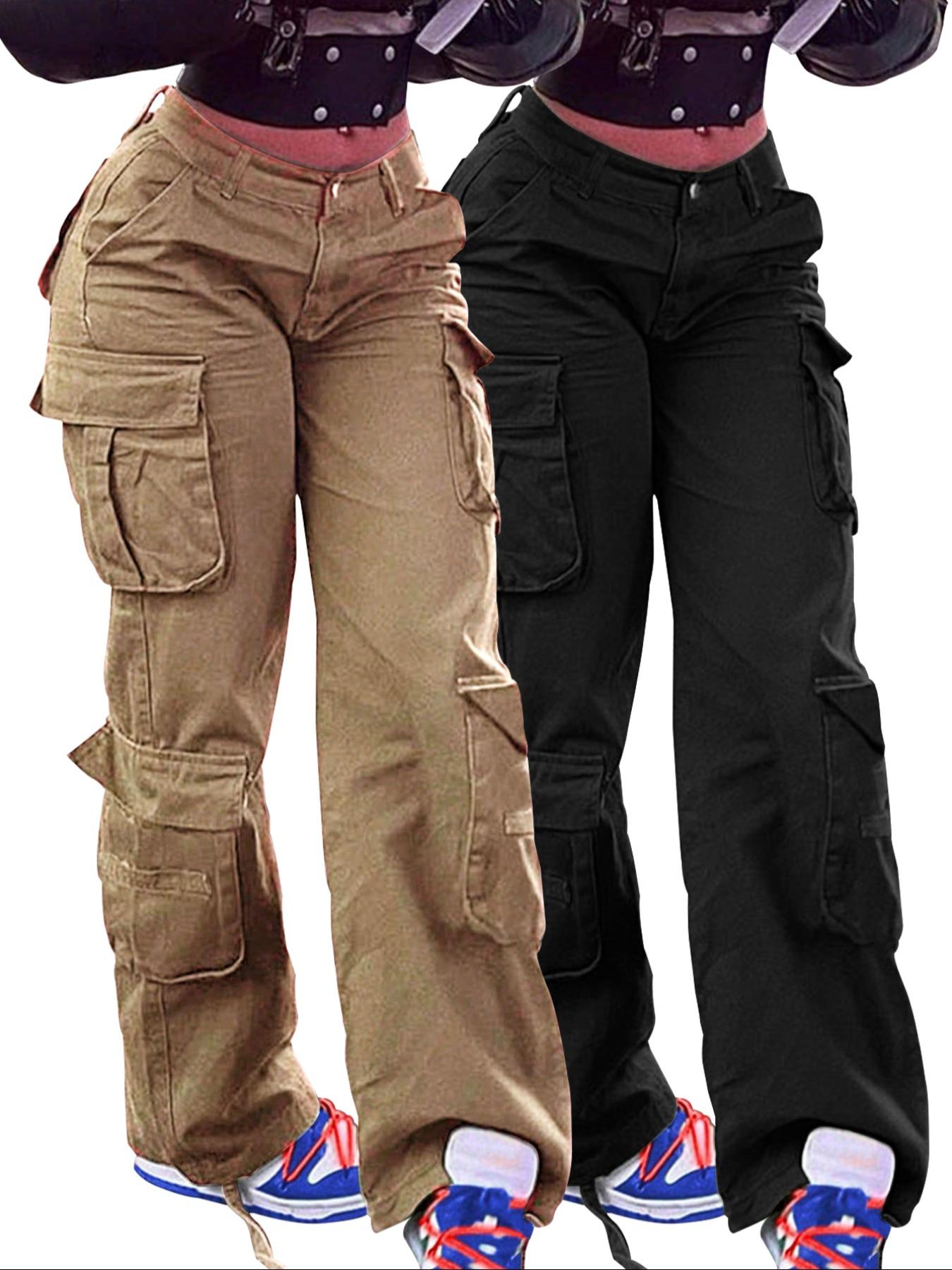 Women's Plain High-Waisted Cargo Pants with Pockets and Drawstring, Fashion Y2K K-Pop Style Streetwear Trousers for Daily Wear, Ladies' Baggy Pants for Fall & Winter