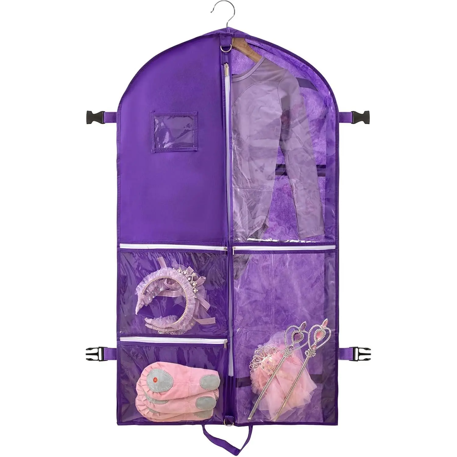 Dance Costume Bag, Garment Bags 40 Inch for Dance Competitions, Garment Bags for Travel, Portable Foldable Dust-Proof Storage Bags for Coats, 5 Clear Zipper Pockets,suitable to Gowns, Dresses(Purple)