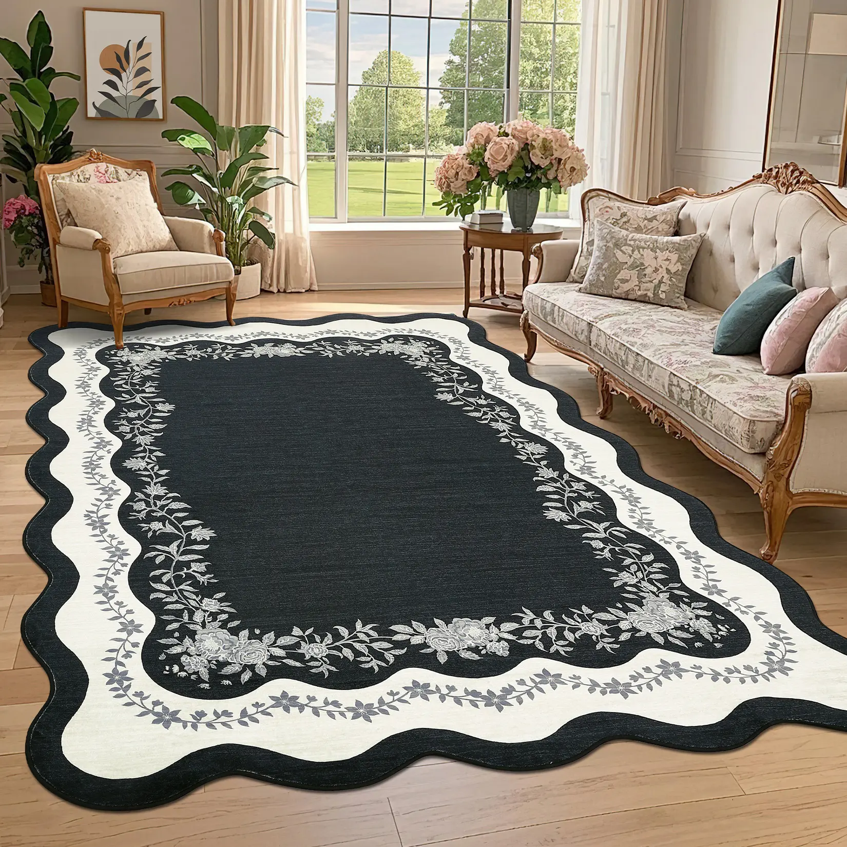 Farmhouse Floral Fan-Shaped Printed Area Rug, Soft Low-Pile Non-Shedding Non-Slip Machine Washable Foldable Decor Rug for Bedroom, Living Room, Kids Room & Playroom Indoor Home Decor