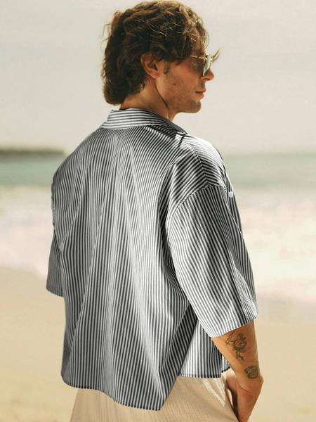 Men's Casual Striped Fashion Shirt, Summer Vacation High Street Vintage Style, Fitted Woven Fabric, Trendy Outdoor Wear
