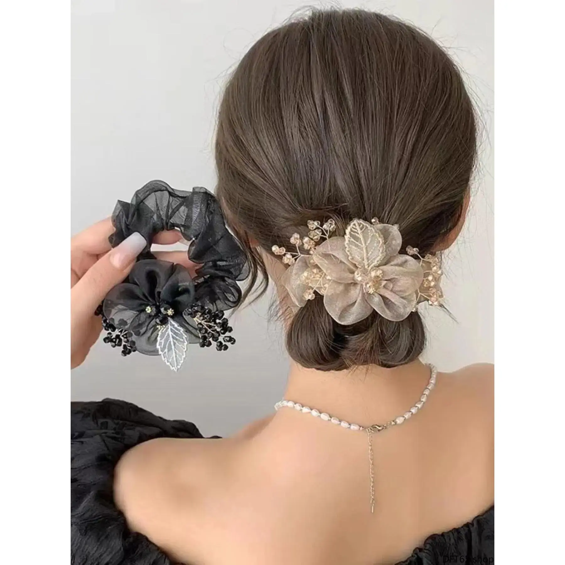 Vintage Embroidery Leaf Mesh Hair Ties, 2 Counts Flower Design Hair Scrunchies for Women & Girls, Minimalist Headwear Suitable for Thick Hair, Tie Up Back, Fashion Hair Accessories