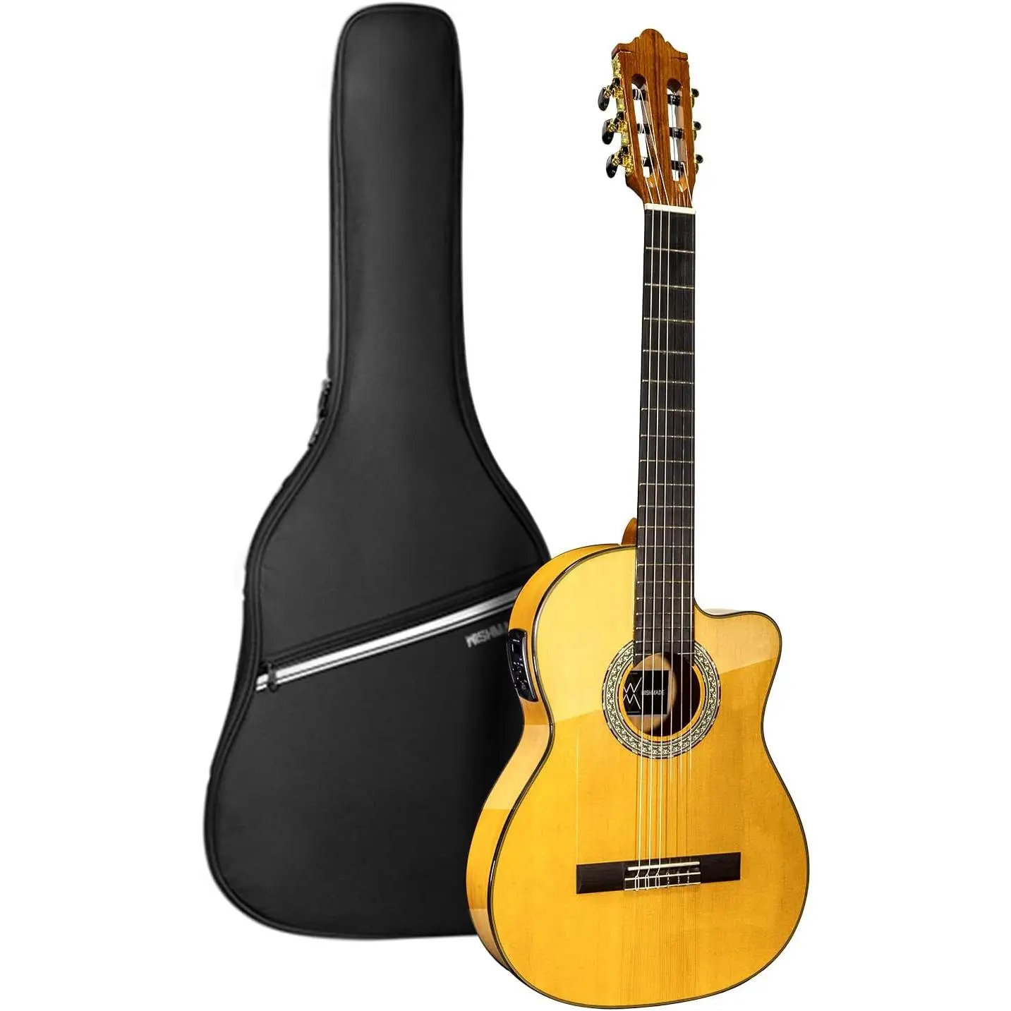 WishMade Flamenco Acoustic Electric Classical Nylon Guitar Beginner Adult |   Spruce top, cypress back and sides, cutaway body with 2-band EQ pickup for amplified flamenco, includes padded gig bag