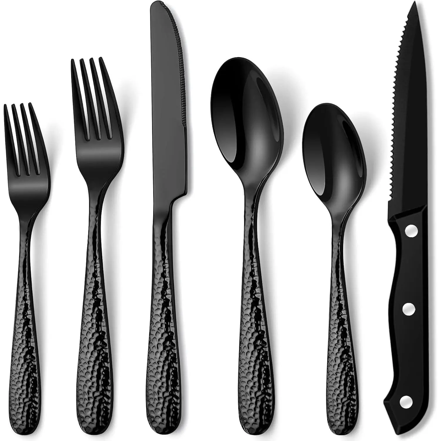 Hammered Black Silverware Set,  24 count Cutlery Sets for 4, Heavy Duty Stainless Steel Flatware, -Grade Utensil Sets Includes Spoons Forks and , Mirror Finish Dishwasher Safe
