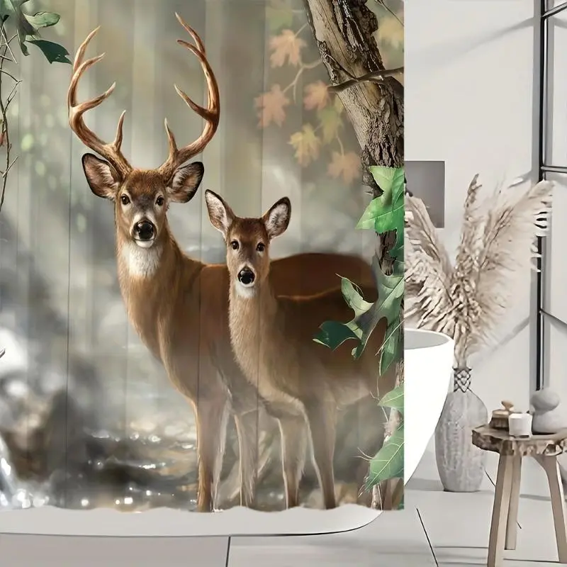 Deer Pattern Shower Curtain Set (1/4PCS) - Waterproof Polyester, 12 Hooks, Non-Slip Mat, U-Mat, Toilet Cover, 71x71in, Bathroom Accessory, Home Decor