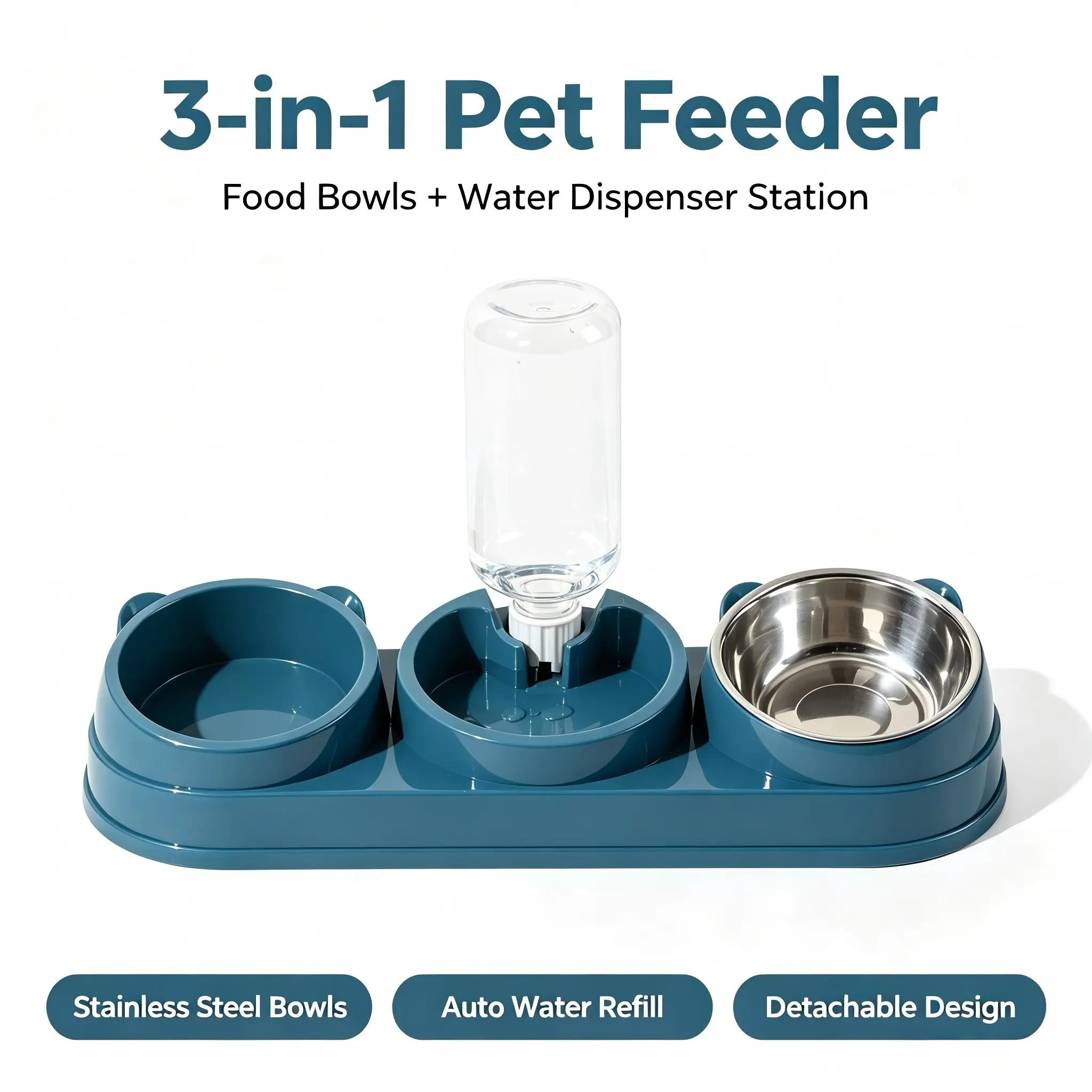 3-in-1 Pet Feeder Station: 2 stainless steel food bowls + auto water dispenser, separate dry food & treats storage, save space for home.