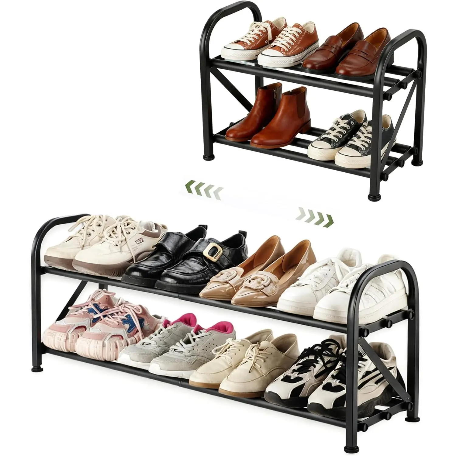 2-Tier Shoe Rack for Closet, 16"-32" Expandable Shoe Rack, Adjustable for Entryway Closet Doorway Sturdy Metal, Black