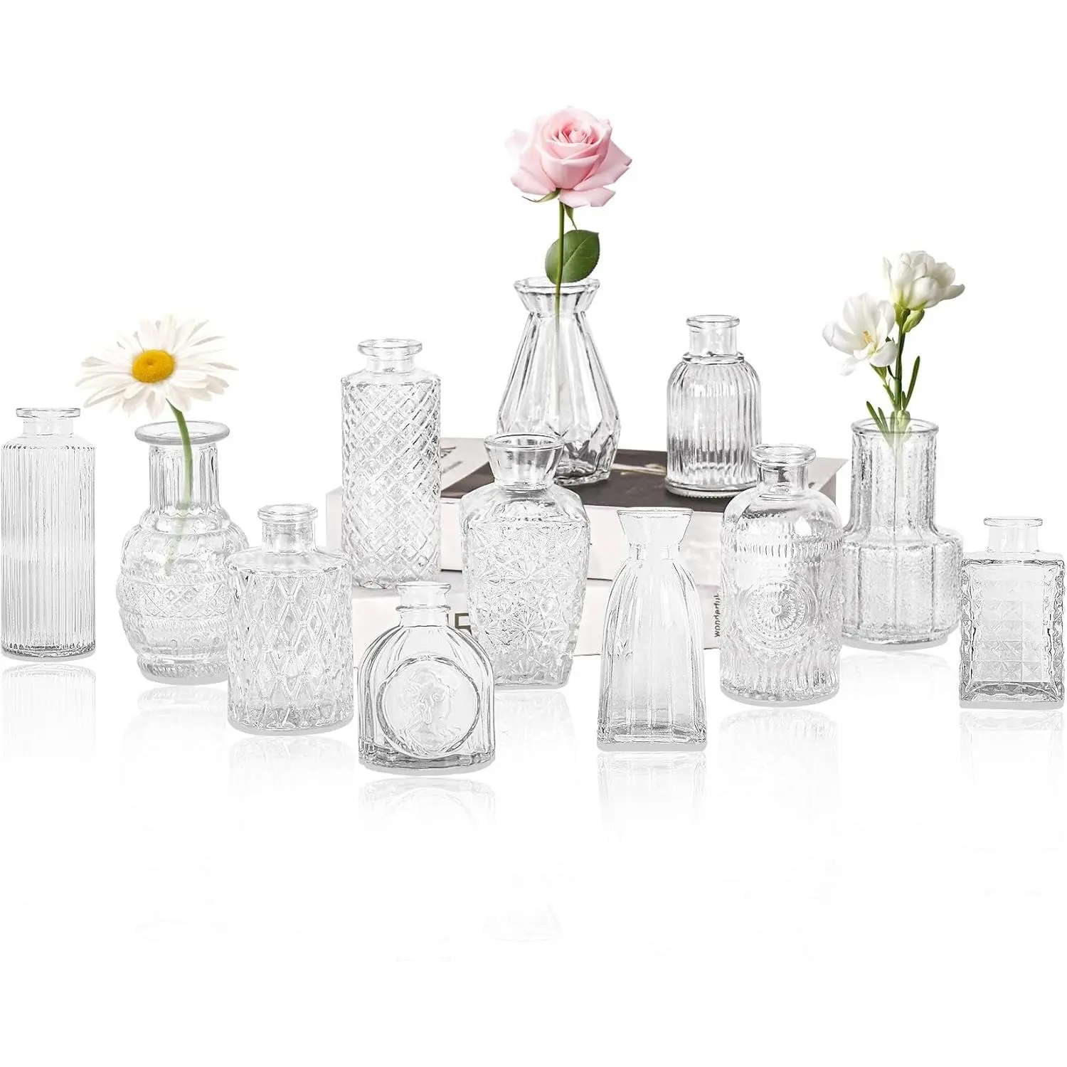 12 Pack Small Vintage Rustic Clear Glass Bud Vase Set, Cute Mini Flower Vases Bulk for Table Centerpieces Home Decor Wedding Baby Shower Birthday Party