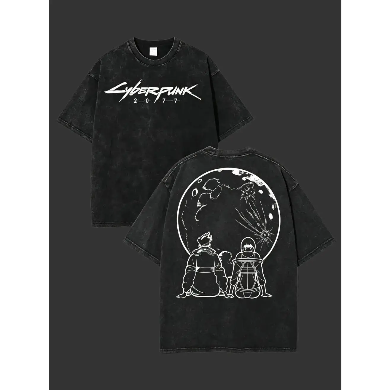 Vintage Washed Black Cyberpunk Edgerunners Double-Sided Graphic Cotton Fabric Men's Unisex Round Neck Distressed Short Sleeve Classic Menswear T-Shirt, Joggers-Matching All-Season Streetwear Anime Gift Top, Cargo, Shortsleeve