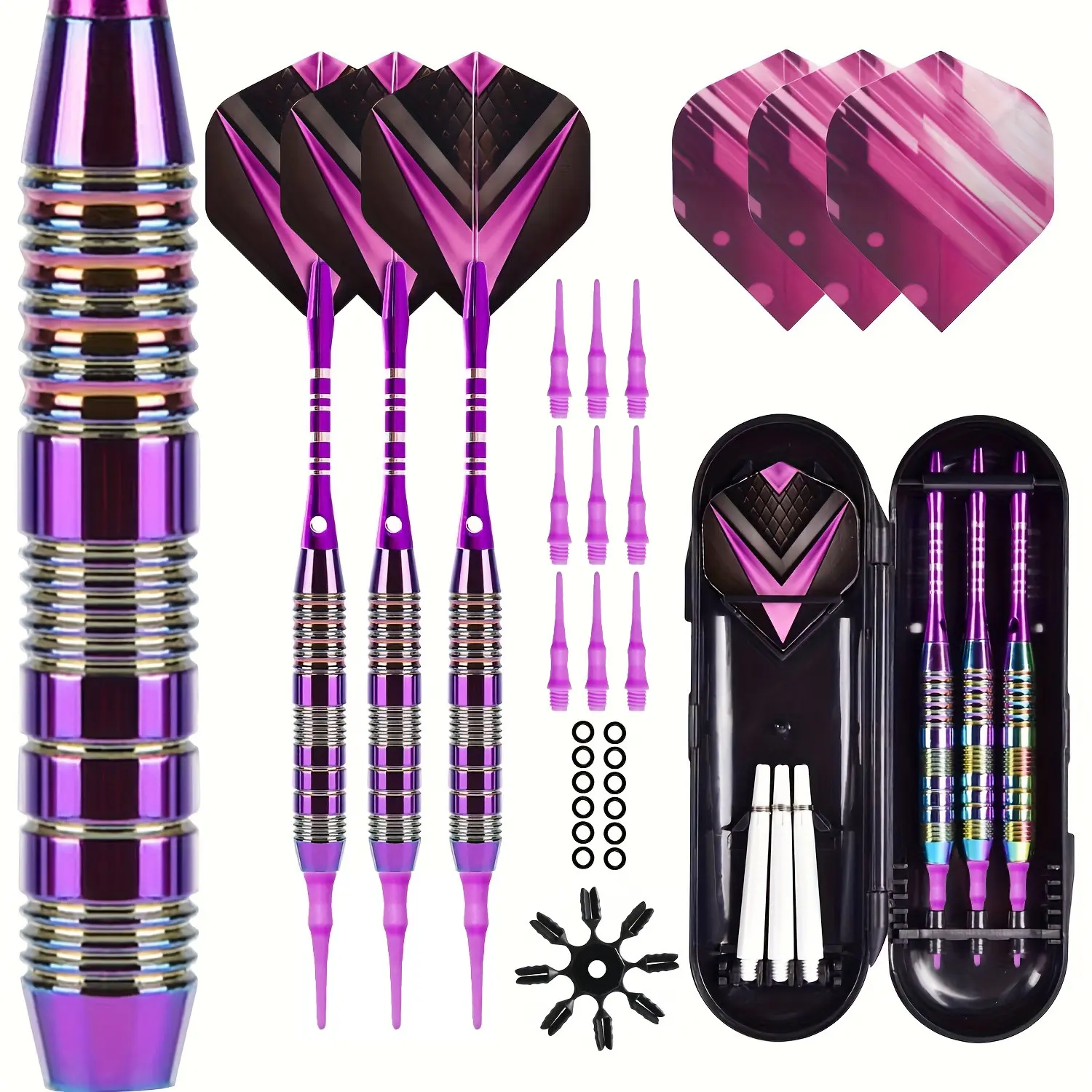 3-Piece Colorful Electroplated Soft Tip Darts Set, Non-Slip Dart Tube, Replacement Dart Leaves and Tips, Portable Storage Box, Electronic Dart Board Compatible