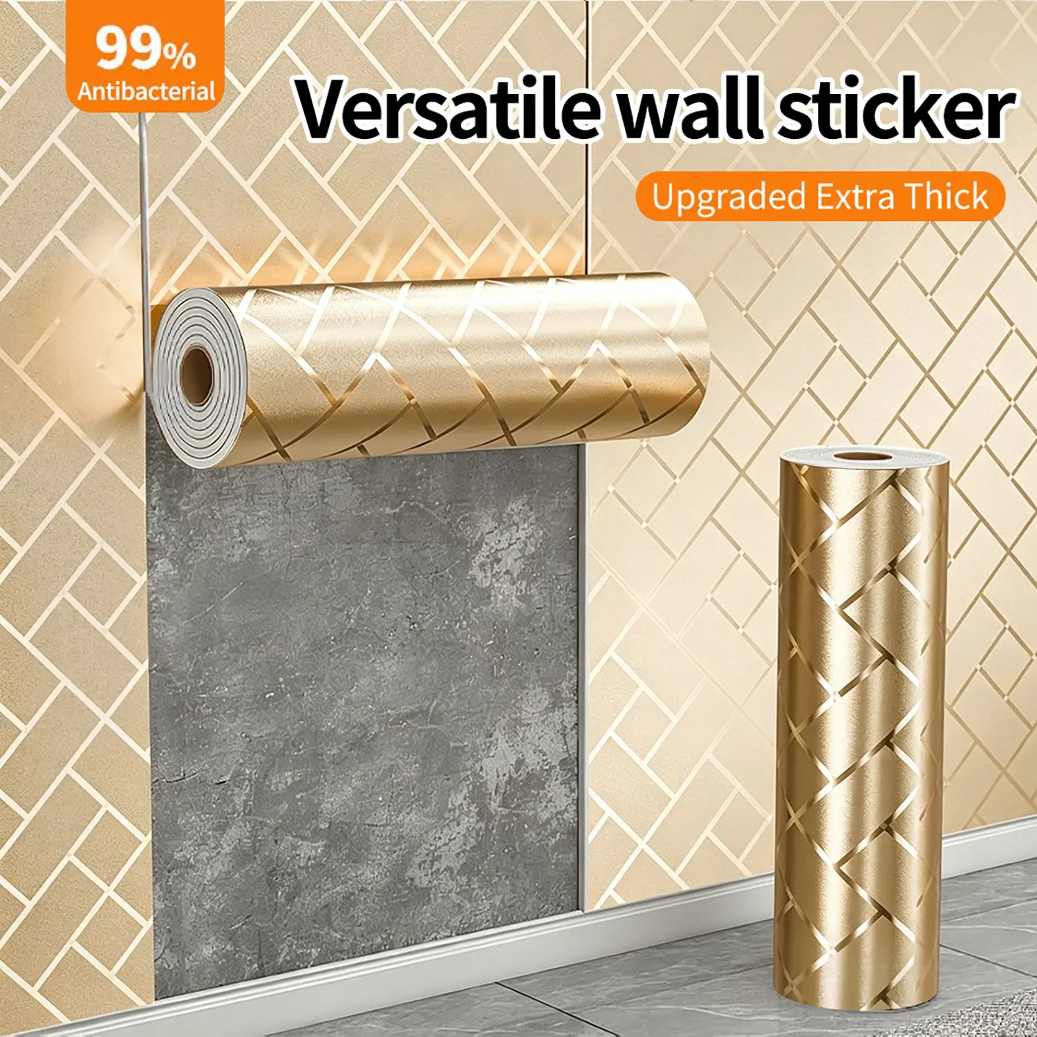 2.0mm Extra Thick Gold Foil Gilded Diamond Peel & Stick No Glue Wallpaper, Self Adhesive Wallpaper, Easy Peel Off & Paste, Waterproof Oilproof Metallic Wall Sticker for Kitchen Living Room, Covers Wall Imperfections for Home Renovation