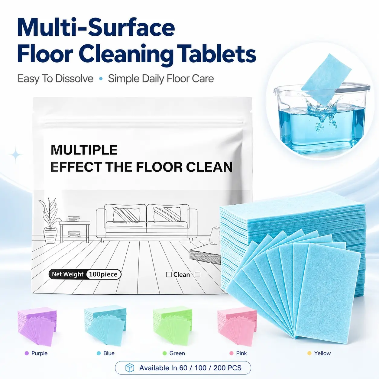 60/100/200 PCS Multi-Surface Floor Cleaning Tablets, Multiple Effect Floor Clean Tablets, Concentrated Dissolvable Cleaner Pack for Sealed Hardwood, Tile, Laminate, Vinyl, Kitchen & Bathroom Floors, Multipurpose Cleaner, All Floors Cleaner
