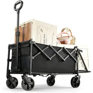 100L Folding Wagon Cart Push & Pull Beach, 350 lbs Weight Capacity Heavy Duty Folding Beach Wagons with Big All-Terrain Wheels & Drink Holders  Groceries, Shopping, Camping, Sports - Black