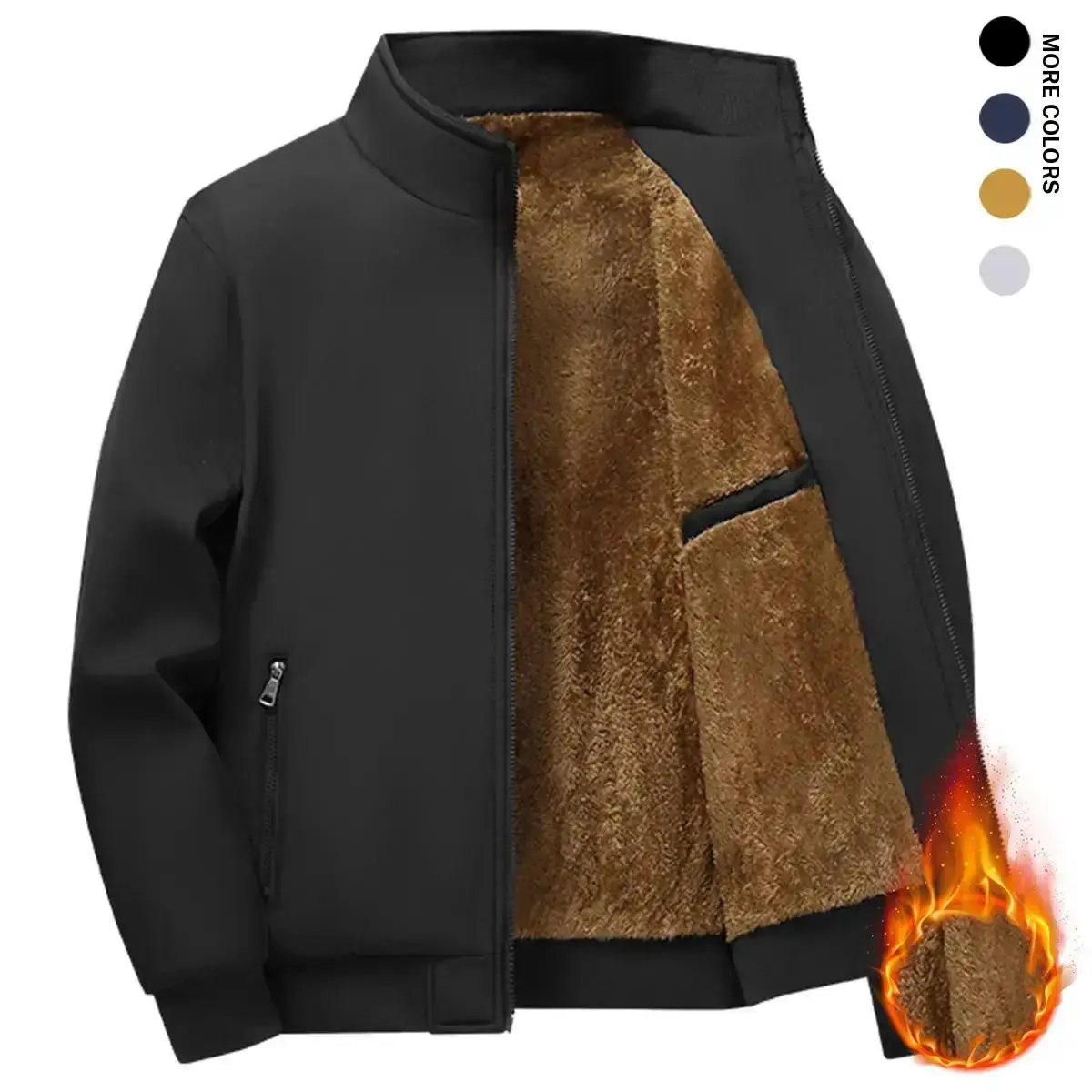 Men's Fleece-Lined Thick Plain Winter Coat - Fleece Warmth, Stand-Collar, Full-Zip, Windproof Outer Shell, Side Pockets, Elastic Cuffs, Elastic Hem, Pull-On Snug Fit, Ideal for Casual Outings & Outdoor Adventures (XL Available), Knit Design