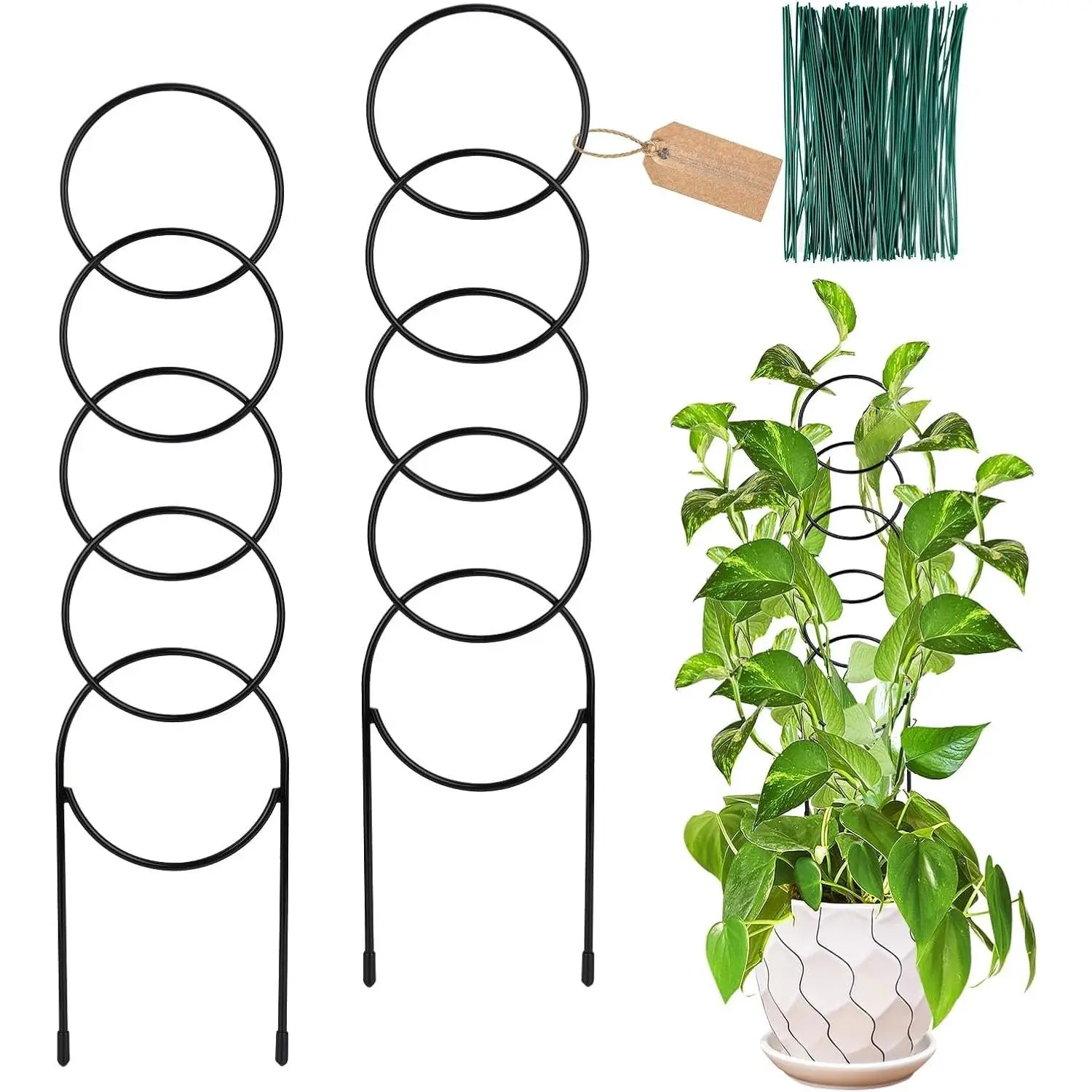 17.5 inch Small Trellis for Potted , Metal  Trellis Indoor |  2 Pack  Trellis for Climbing  Pot Shape Lattice for Ivy Vines Hoya Houseplants Black Circle