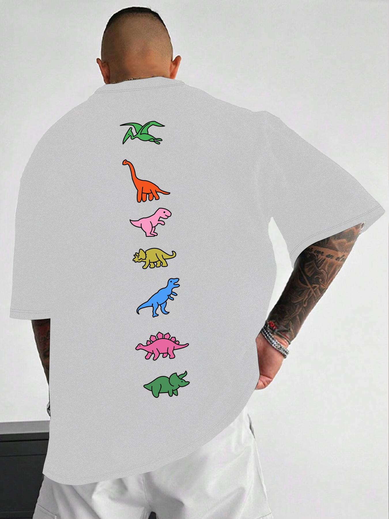 Unisex Men's Dinosaur Print Drop Shoulder Tee, Street Fashion Casual Short Sleeve Round Neck T-Shirt for Daily Wear, Men's Clothes for Summer
