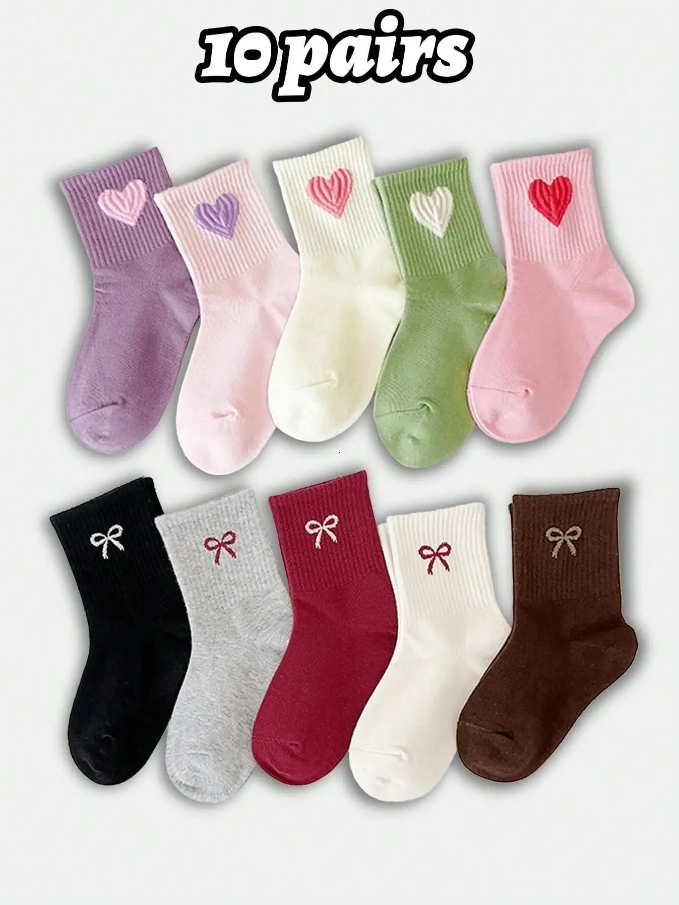 10 Pairs Cute Heart Pattern Girls' Ankle Socks, Colorful Casual Sports Crew Socks, Comfortable Breathable, All-Season School Socks
