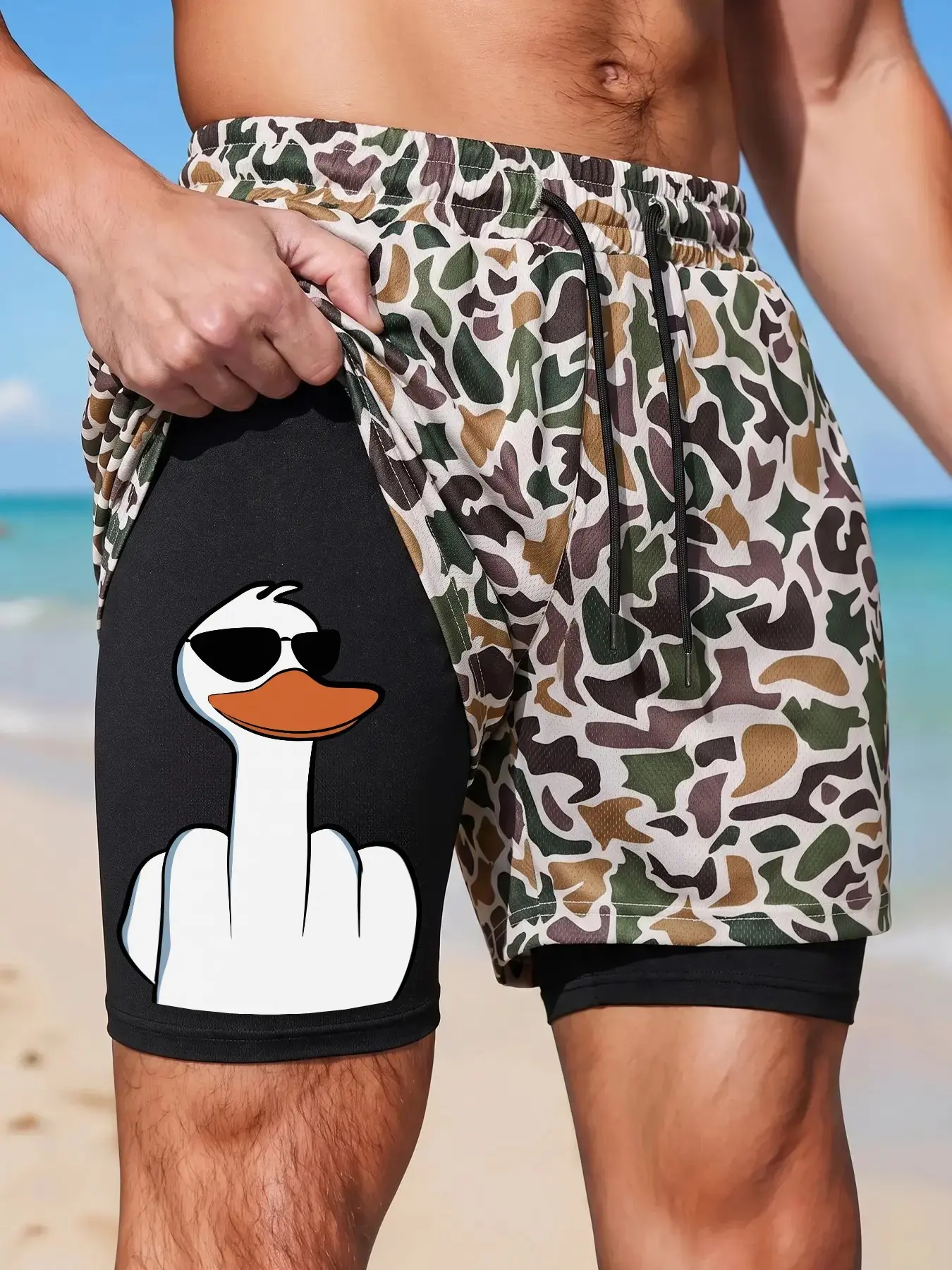 Men's 2-in-1 Double Layer Quick Dry Swim Shorts, Camo Outer Print Cool Middle Finger Cartoon Duck Graphic Drawstring Elastic Waist Summer Vacation Beach Swim Trunks Swimwear Shorts