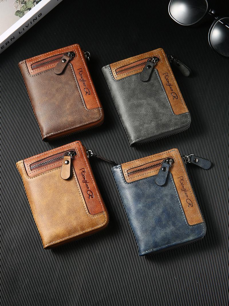 Premium Men's Short ID Card Holder Billfold Casual Leather Zipper Coin Purse Multi-Card Slot Portable Wallet