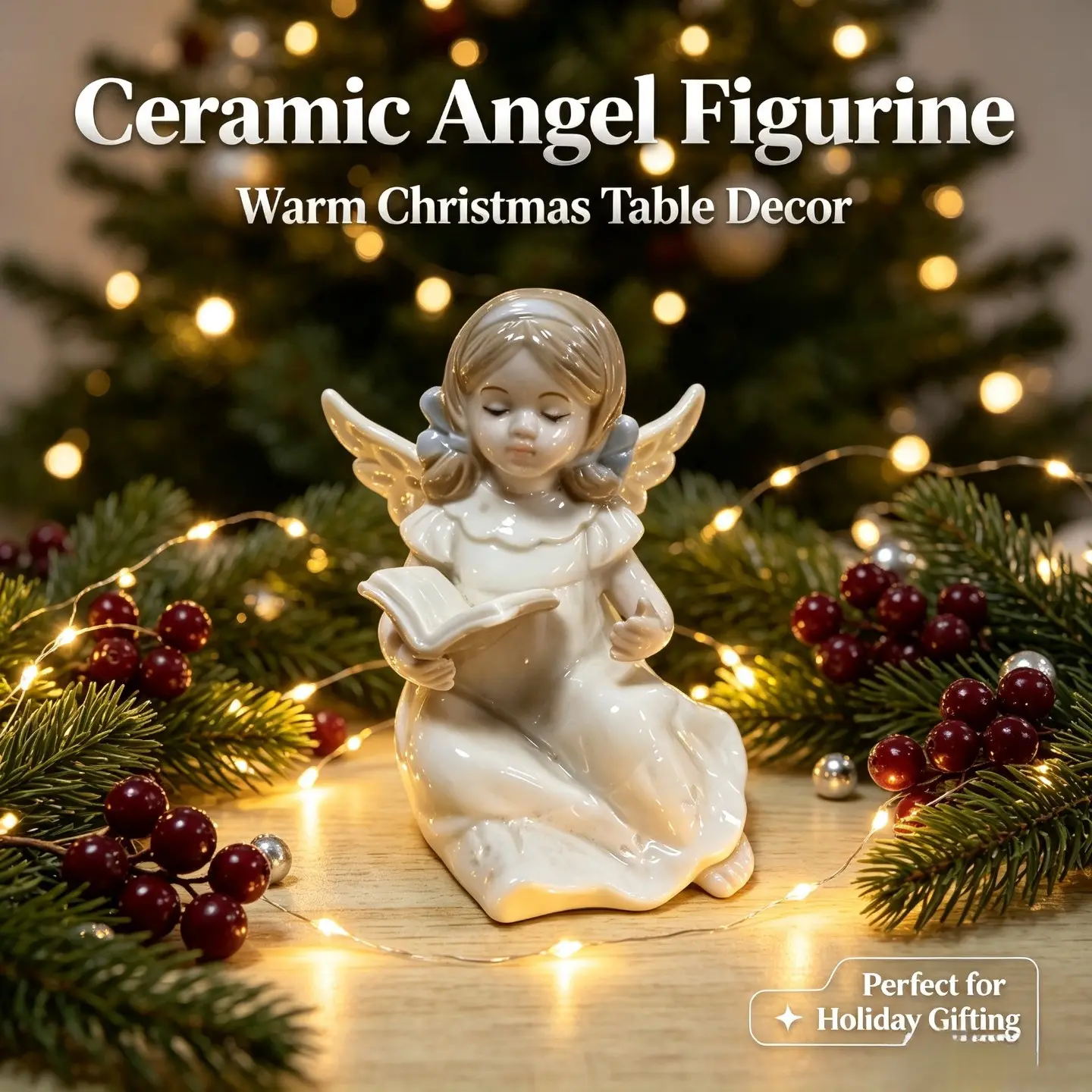 Sweet Kneeling Ceramic Angel Figurine Holding Dove Bird, Soft Glazed Porcelain Tabletop Mantel Shelf Christmas Statue, Cozy Farmhouse Winter Holiday Home Decor, Perfect Christmas Gift, Thanksgiving New Year Housewarming Present, Aesthetic Cottagecore Room