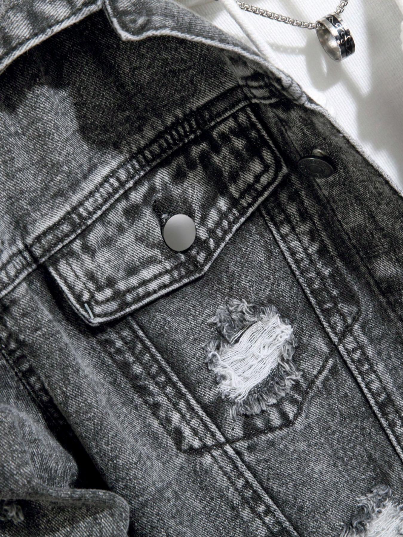 Men's Distressed Ripped Long Sleeve Lightweight Denim Jacket, Regular Fit Street Fashion Casual Comfy Button Front Multi-pocket Collared Outerwear for Daily Wear, Menswear for All Seasons