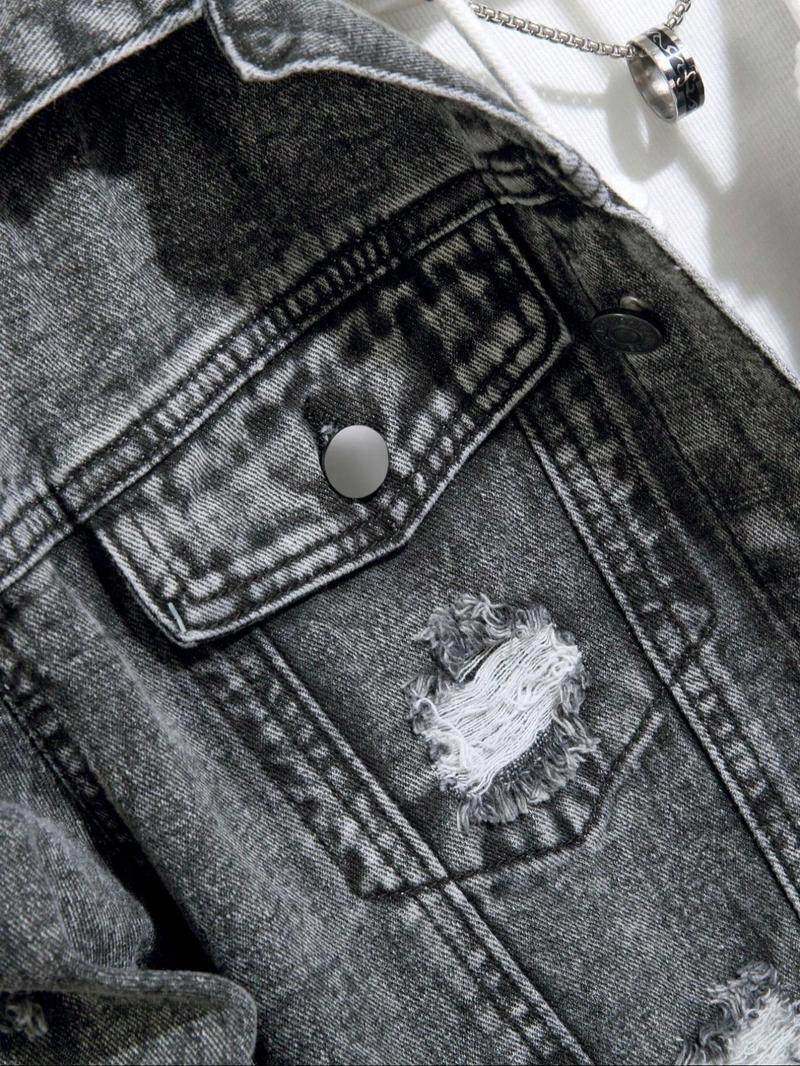 Men's Distressed Ripped Long Sleeve Lightweight Denim Jacket, Regular Fit Street Fashion Casual Comfy Button Front Multi-pocket Collared Outerwear for Daily Wear, Menswear for All Seasons